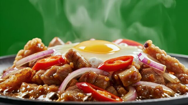 Delicious Pork Sisig a popular Filipino dish served sizzling hot with a fried egg and chili peppers on a black plate with a vibrant green background