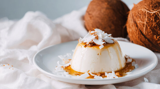 Sweet panna cotta dessert resting on a white plate, drizzled with caramel and garnished with toasted coconut flakes