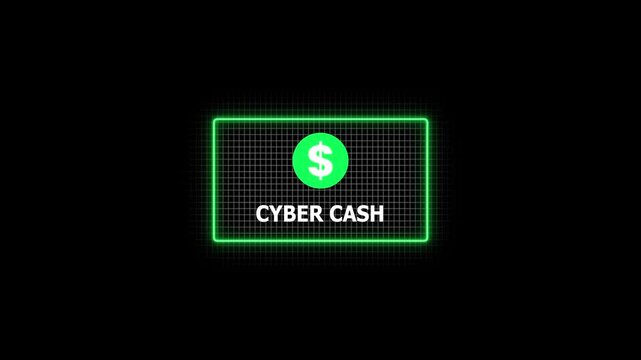 Futuristic digital cyber cash animation glowing green dollar sign neon grid background fintech cryptocurrency concept modern dynamic money transfer virtual currency tech financial transaction