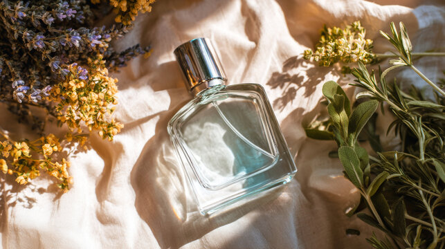 Perfume bottle showcasing natural ingredients and botanical extracts, highlighting aromatherapy and organic beauty product concepts