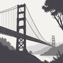 Fototapeta premium Golden gate bridge silhouette at sunrise with rolling hills and water with the scene is depicted in a monochrome style, possibly at dawn or dusk, san francisco, suspension bridge, iconic landmark