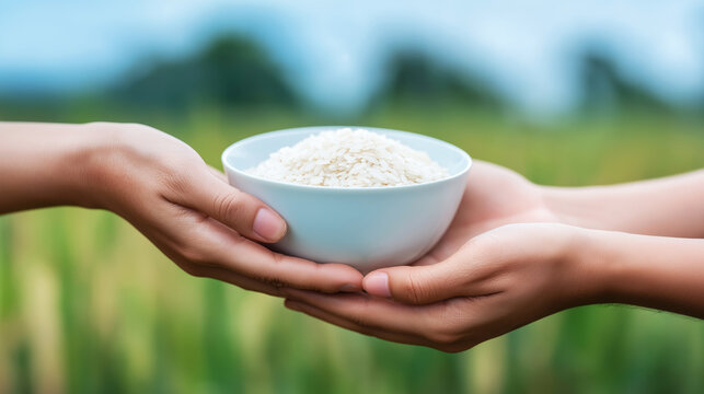 Hands sharing a bowl of rice, symbolizing charity, food donation, poverty relief, and humanitarian aid