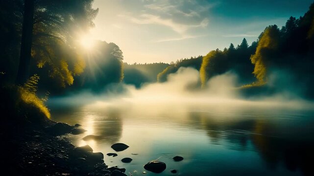 Cinematic 18K IMAX 70mm: River Bank at Dawn with Rolling Fog and Sun Reflections