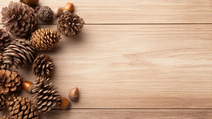 Fototapeta premium Acorns and Pine Cones Arranged on Wooden Log Surface in Forest Setting