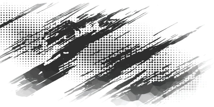 A dynamic composition featuring bold black brush strokes layered over a subtle dotted background