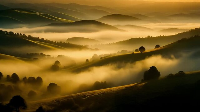 Cinematic 18K IMAX 70mm: Rolling Hills at Golden Hour with Swirling Morning Mist