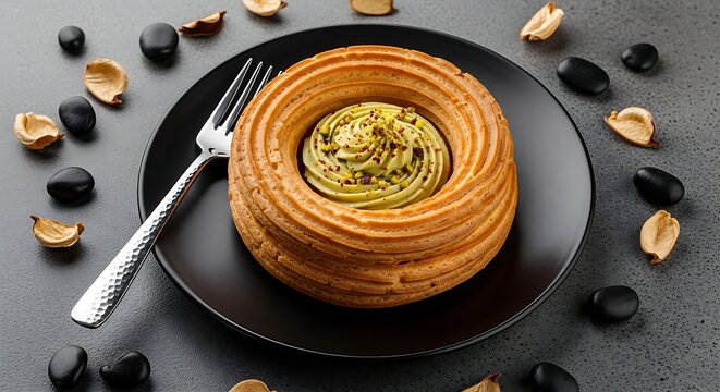 Pistachio Paris-Brest: A Golden Choix Ring with Green Pistachio Cream & Crushed Nut Garnish