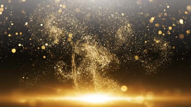 Golden glitter particles explosion rising above glowing light trail in cinematic motion background.