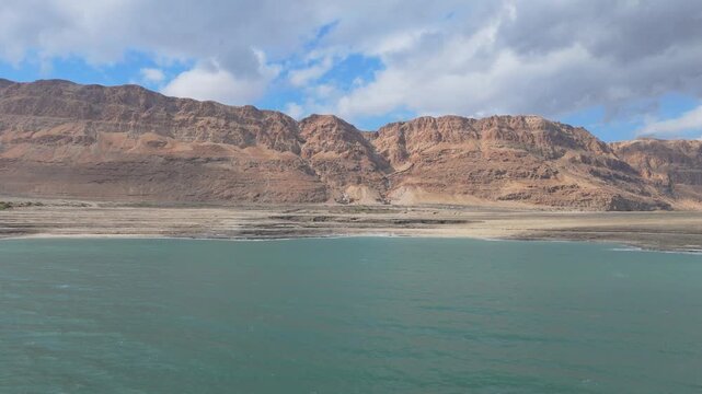 Drone view Dead Sea shoreline along the Dead Sea, Israel