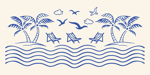 Obraz premium A serene beach scene with palm trees lounge chairs and flying birds