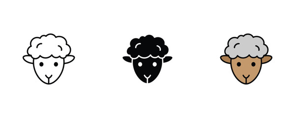 Cute sheep head and ram face icon set in line art, solid black, and natural grey-brown color for farm animal, wool production, and livestock agriculture concepts. Vector Illustration. © Maymuna