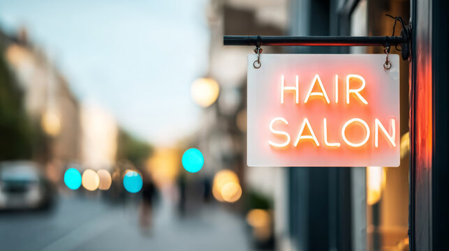 Hair salon neon sign glowing with vibrant pink and orange light, attracting urban clients on a city street