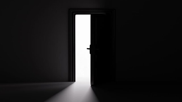 Light shines through the door. It represents new hopes, new job opportunities, a new world, and so on. 3d rendering.
