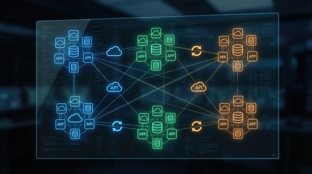 A conceptual illustration of interconnected applications and apis in a networked system with glowing blue green and orange icons on a dark background