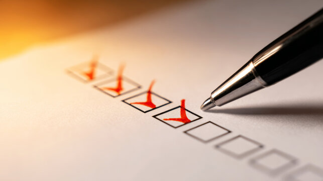 Pen checking off items on a paper list. Concepts of success, achievement, survey, planning, and getting things done