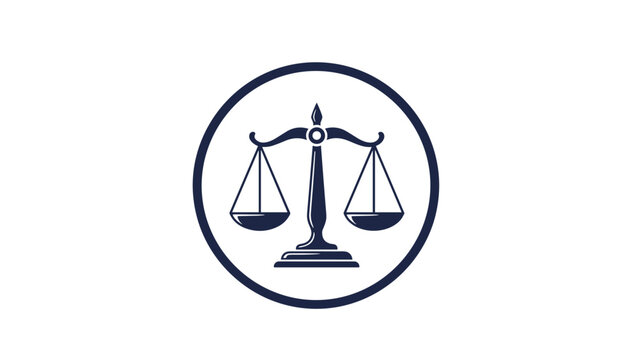 Dark navy blue icon of the scales of justice is enclosed in a thick circular border representing legal law and judicial balance.