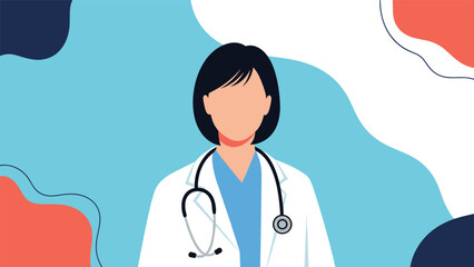 Fototapeta premium Professional female doctor wearing a white lab coat and a stethoscope stands against an abstract background of blue and coral shapes.
