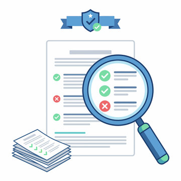 Illustration of a magnifying glass over a checklist document with verification marks, symbolizing fact checking and verification process with a blue shield and banner above on a white