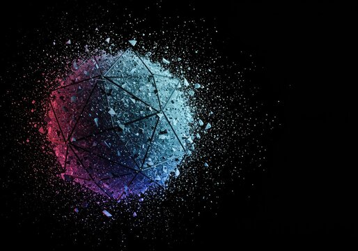 Abstract geometric form dissolving into numerous small particles and digital noise, representing the rapid erasure of a concept, breakdown, dust, disappearance