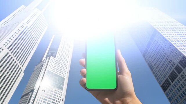 高層ビル群背景とスマートフォン クロマキー合成用グリーンバック