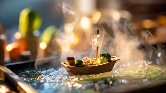 Floating Boat in Bowl of Ramen Soup with Vapor and Colorful Ingredients