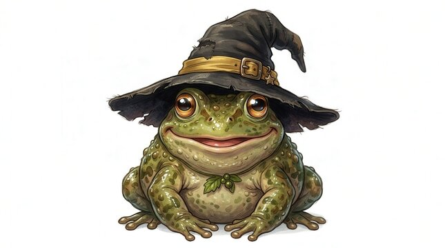 Cute Fantasy Frog Wearing Witch Hat Cartoon Illustration for Halloween or Fairy Tale Themes