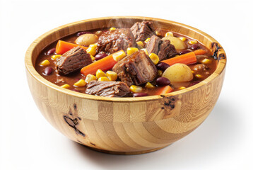 Fototapeta premium Kentucky Burgoo in Bamboo Bowl 35 Degree Angle Isolated on White Background Studio Shot