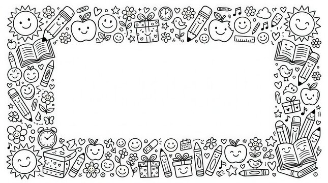Playful Children's Drawing Frame With Smiley Faces And School Supplies