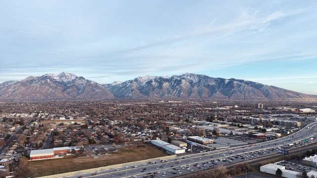 Aerial view of I-15 highway and Wasatch Mountains in Midvale Utah