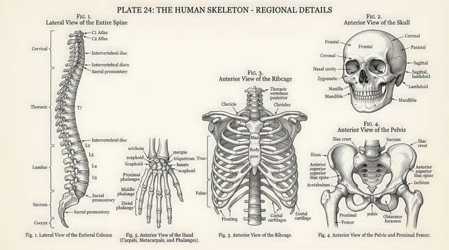 Historical Medical Illustration of Human Skeleton Anatomy in Vintage Style