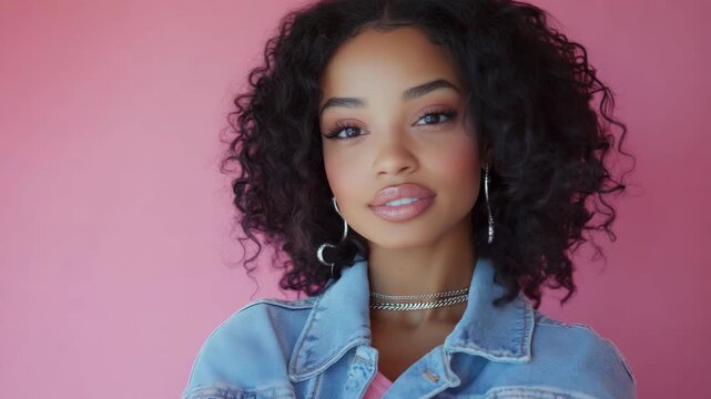 Young woman with curly hair, wearing trendy outfit and accessories against a bright pink backdrop