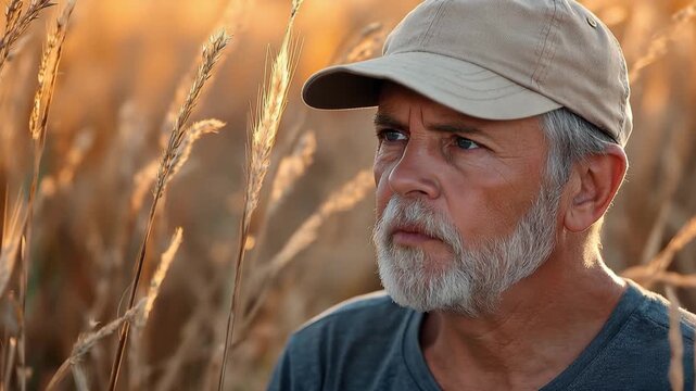 Senior man enjoying a peaceful moment outdoors in a golden field during summer, gazing contemplatively at the camera amidst tall grass