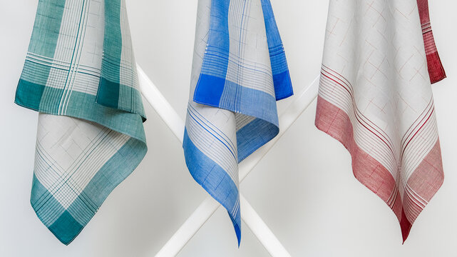 Three multi-colored checkered cotton handkerchiefs hanging to dry on a white laundry rack.