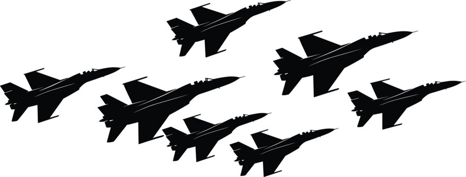 Fighter jet silhouettes formation vector illustration, military aircraft collection, combat aviation set isolated, air force jets flying, modern warplane black silhouettes