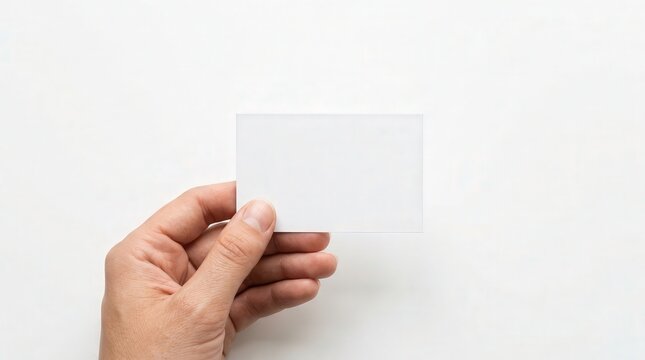 Photograph of a Hand Holding a Blank White Card Set Against a White Background