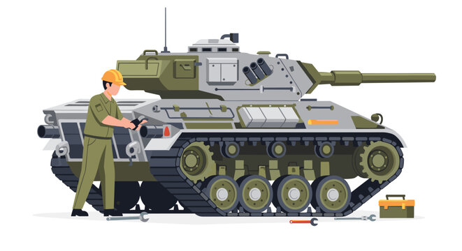 A dedicated military mechanic wearing a green service uniform and a yellow hard hat is carefully inspecting the rear engine compartment of a battle tank.
