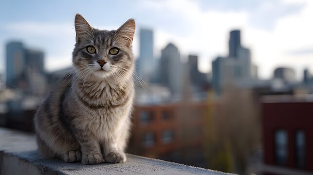 A fluffy grey tabby cat sits on a rooftop ledge with a blurred city skyline in the background