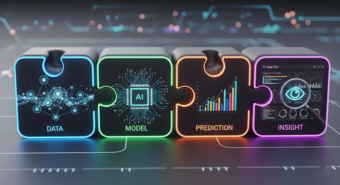 Futuristic 3D puzzle showing the flow from raw data to AI processing and business insights, symbolizing machine learning, data science, and smart analytics on a sleek digital background