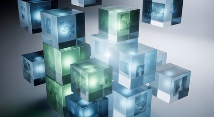 Obraz premium A futuristic arrangement of illuminated cubes showcases a mesmerizing display of technology and science in a dark room with a gradient background.
