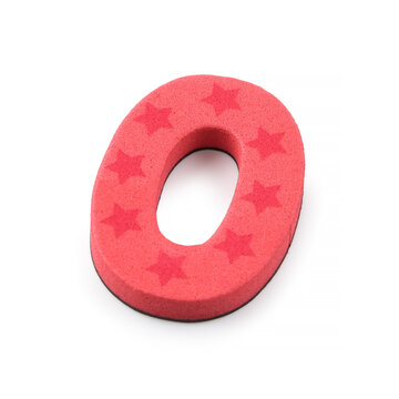 High-resolution 3D illustration of the numeric symbol zero. A clean, textured digit made from a red sponge-like material, featuring white star patterns on a plain white backdrop. 0
