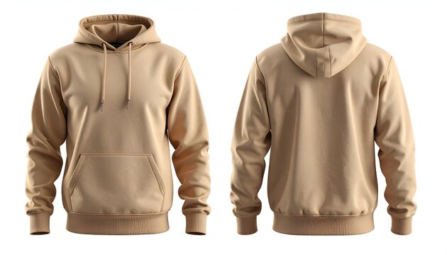 Front and Back View of a Tan Hooded Sweatshirt with Kangaroo Pocket and Drawstrings, Studio Shot