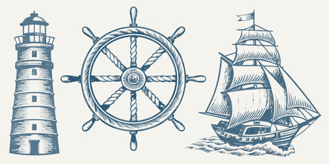 Vintage nautical illustration featuring a lighthouse ship s wheel and sailing ship © Nirob