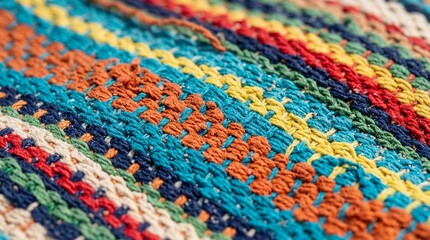 Fototapeta premium Close-up of colorful woven fabric with textured stripes