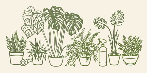 A collection of potted houseplants and gardening tools in green tones © Nirob