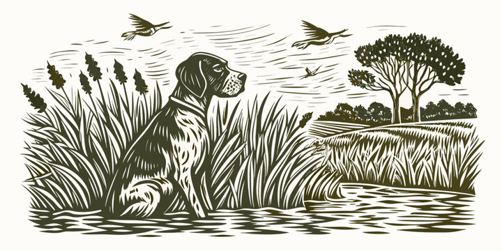 A watchful dog sits in tall grass observing birds in flight