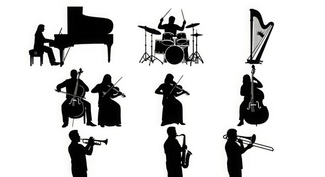 Large group silhouettes set of musicians playing various musical instruments vector collection. 
