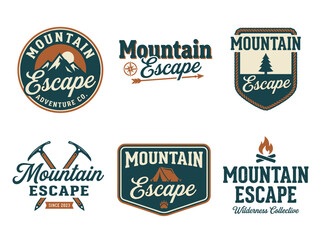 Fototapeta premium Mountain Escape typography collection: vintage adventure logos with elegant script and slab serif lettering.