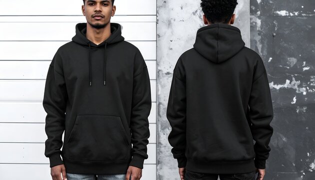 Front and back view of two men wearing plain black hoodies, showcasing casual fashion and streetwear