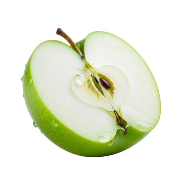 Green apple half with water drops