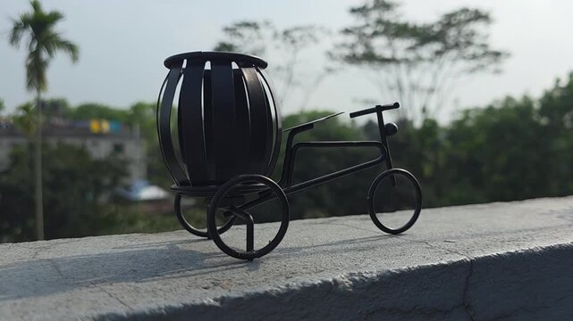 Decorative tricycle planter with barrel on outdoor ledge barrel planter outdoor decor